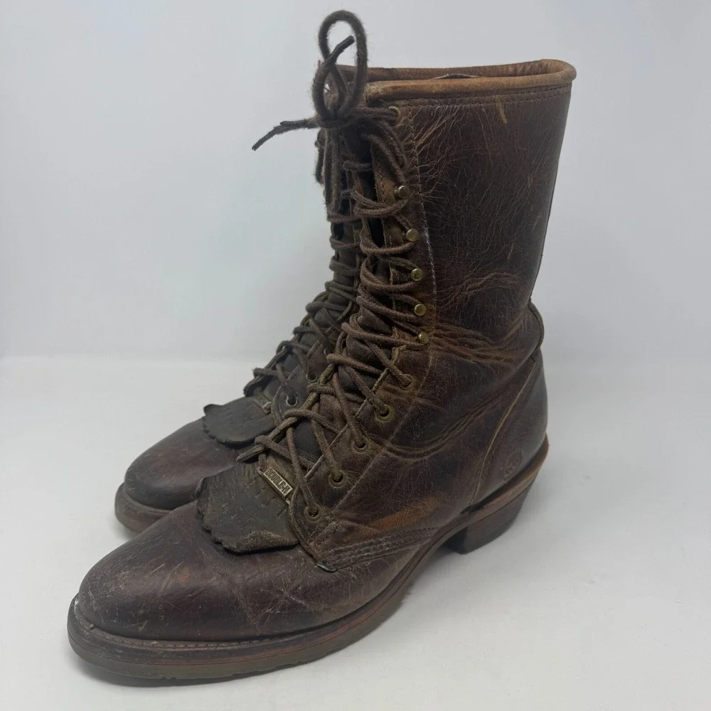 Double-H Lacer Logger Brown Work Boots Round‎ Toe DH9718 Men's Size 8.5D USA